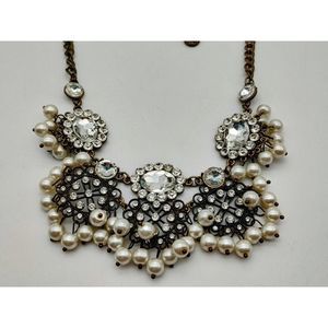 Signed ML Marley Lilly Antique GoldTone Rhinestone Pearl Statement Necklace 1419